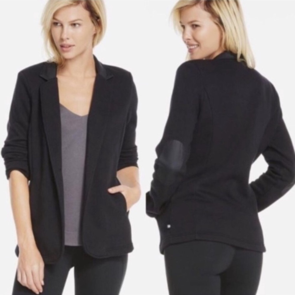 Fabletics black open front business casual blazer elbow pads size xs mature